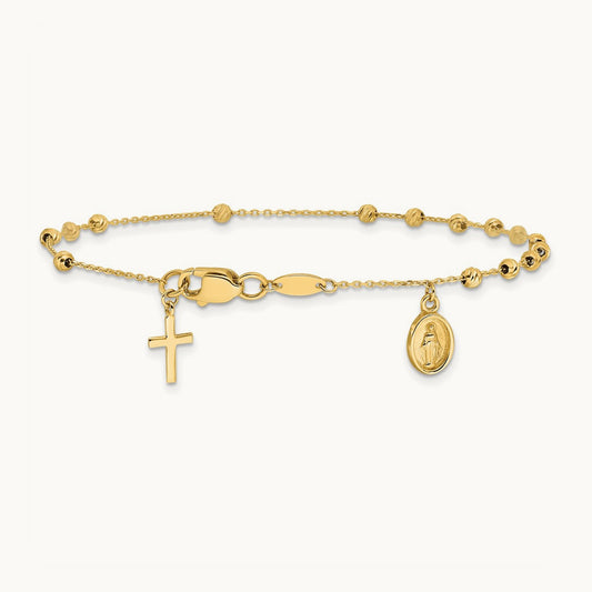 Polished and Diamond-cut Miraculous Medal and Cross Rosary Design Brace, 14K
