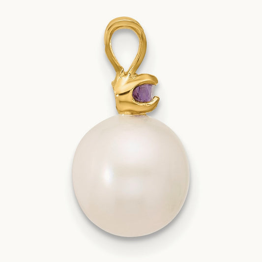 Amethyst 8- White Round FWC Pearl Pendant, 8.5mm, 14K