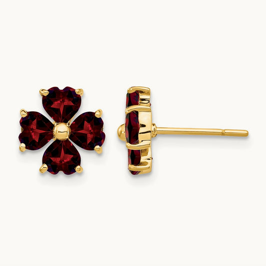 Heart-shaped Garnet Flower Post Earrings, 14K