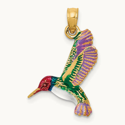 Enameled 3D Hummingbird Pendant, 14K