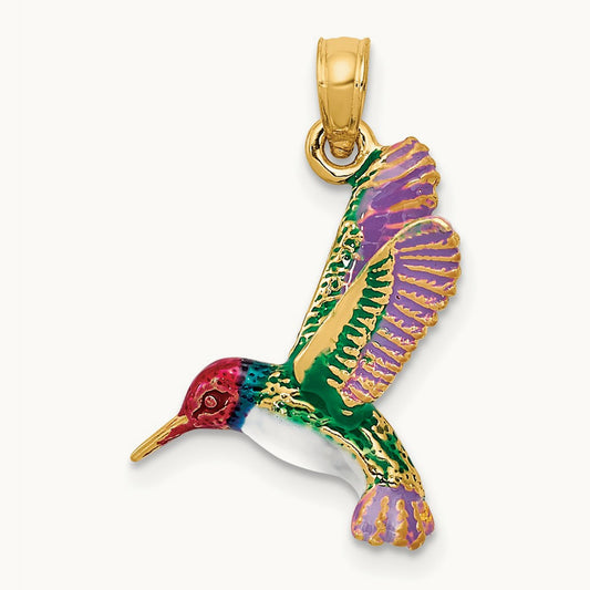 Enameled 3D Hummingbird Pendant, 14K