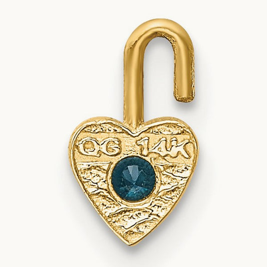 December Synthetic Birthstone Heart Charm — 14K Yellow Gold