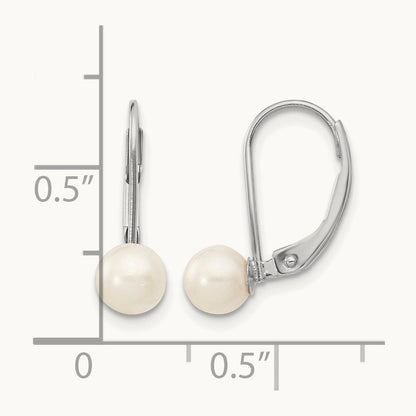 5- Round White Saltwater Akoya Pearl Leverback Earrings, 6mm, 14K White Gold