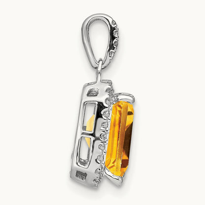 Emerald-cut Citrine and Diamond Halo Pendant, 14K White Gold