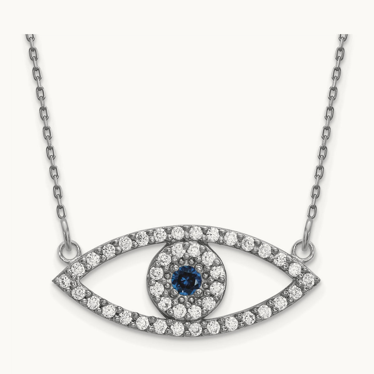 Medium Necklace Diamond and Sapphire Evil Eye, 14K White Gold
