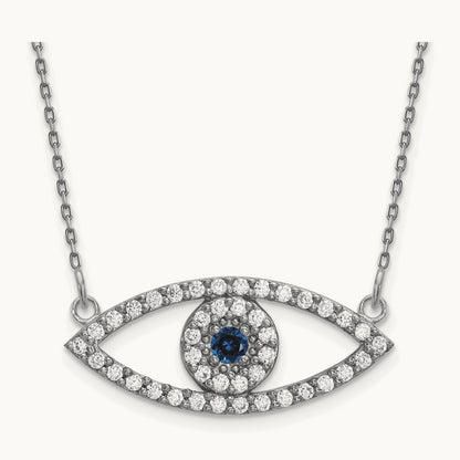 Medium Necklace Diamond and Sapphire Evil Eye, 14K White Gold
