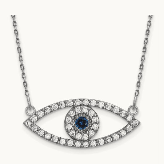 Medium Necklace Diamond and Sapphire Evil Eye, 14K White Gold