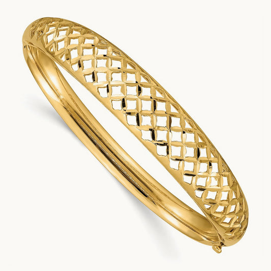 6.25- Graduated Fancy Weave Hinged Bangle Bracelet, 12.5mm, 14K