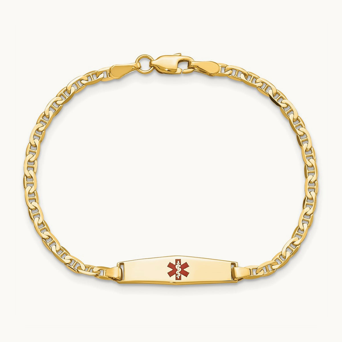 Medical Soft Diamond Shape Red Enamel Flat Anchor Link ID Bracelet, 14K