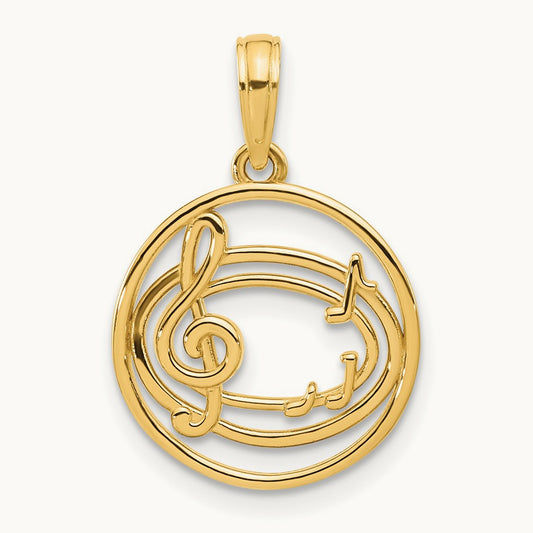 Polished Music Notes in Circle Pendant, 14K