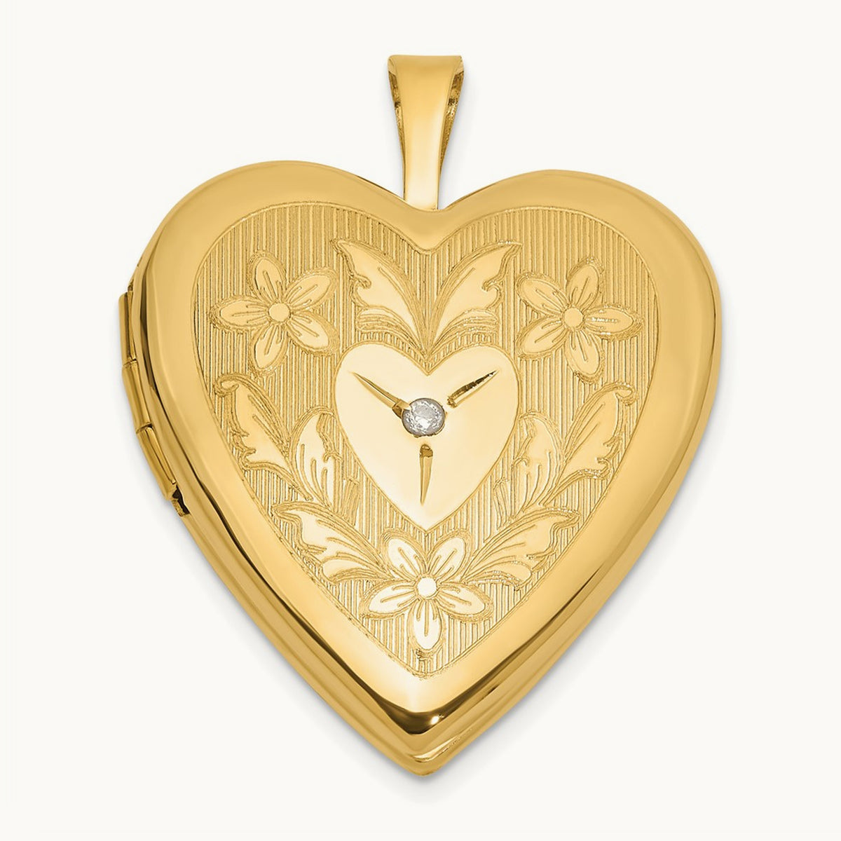Polished Floral Design Diamond Heart Locket, 20mm, 14K