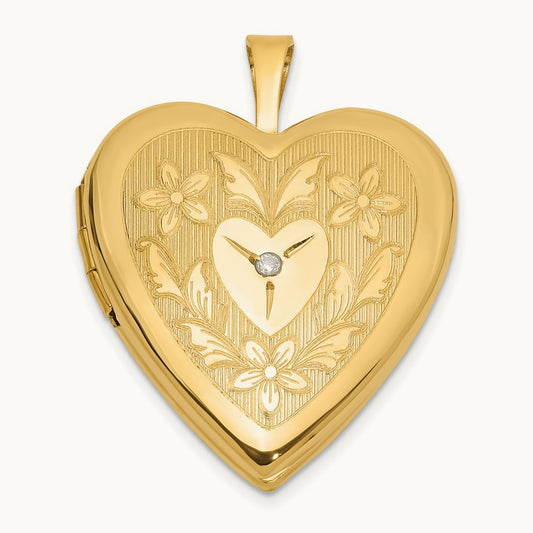 Polished Floral Design Diamond Heart Locket, 20mm, 14K