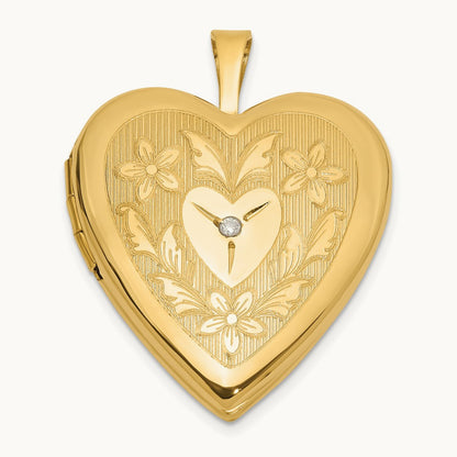 Polished Floral Design Diamond Heart Locket, 20mm, 14K