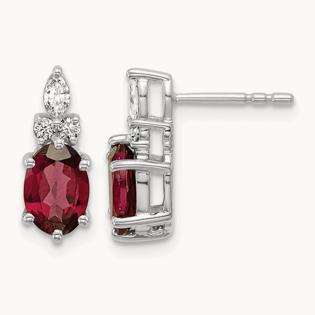 Diamond and Garnet Post Earrings — 14K White Gold
