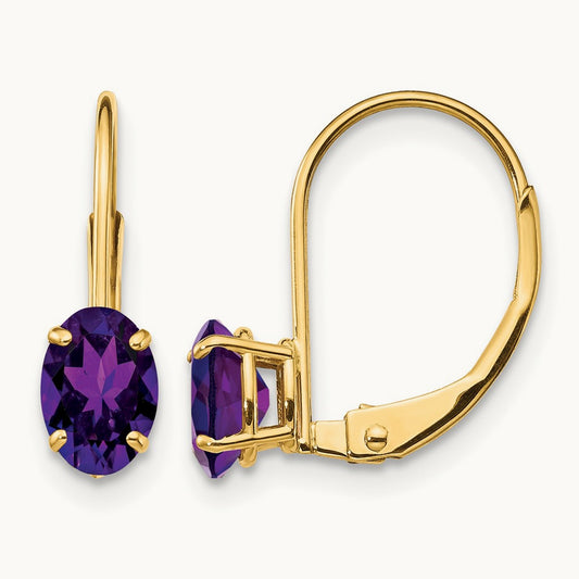 Oval Amethyst Leverback Earrings — 16mm, 6x4mm