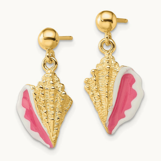 Conch Shell Dangle Earrings, 14K White with Pink Enamel