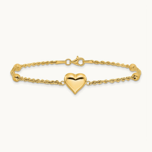 Polished and D/C Beaded Puff Heart 7.75in Bracelet, 14K