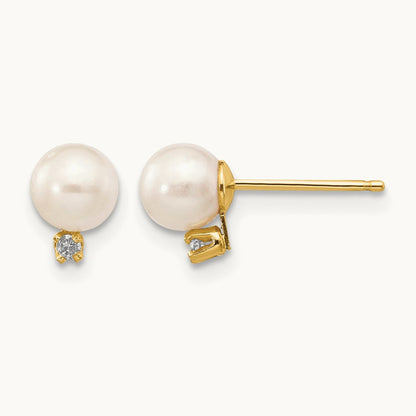 5- Pink Round Freshwater Cultured Pearl .02ct Diamond Post Earrings, 14K