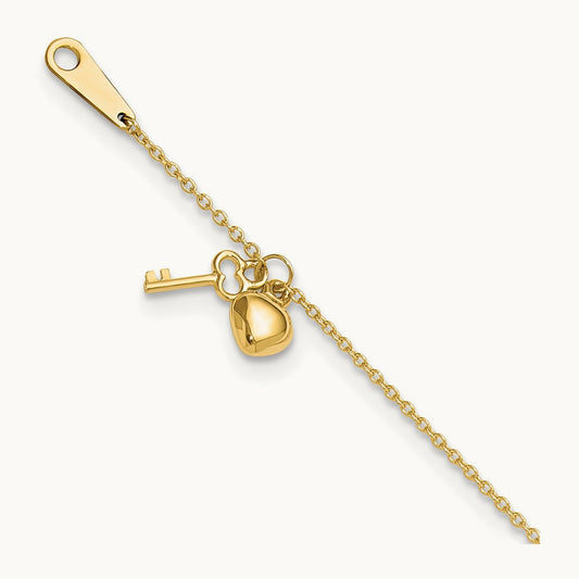 Heart and Key 9in Plus 1in ext. Anklet, 14K Gold