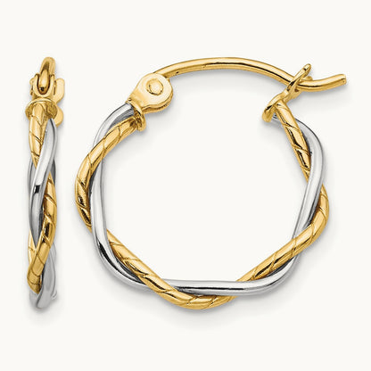 Twisted Dual Band Hoop Earrings — 14K Two-Tone Gold, 12mm, 1.8mm
