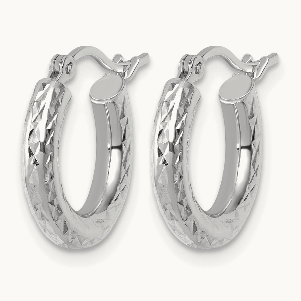 Diamond-cut Round Hoop Earrings — 10K White Gold