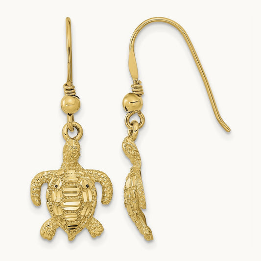 Polished & Textured Diamond-cut Turtle Shepherd Hook Earrings, 14K