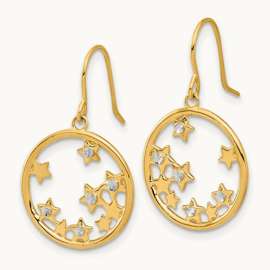 D/C Stars in Circle Dangle Earrings, 14K with White Rhodium