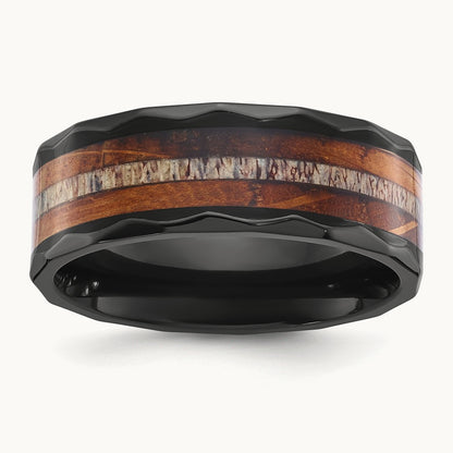 Black Zirconium Polished Faceted w/Wood and Deer Antler Inlay Band