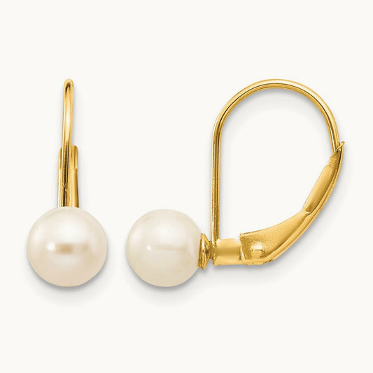 Round Freshwater Cultured Pearl Leverback Earrings — 14K Yellow Gold
