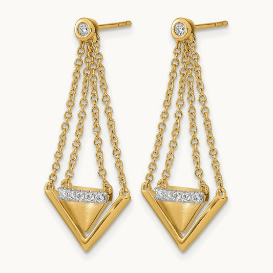 Satin/Polished Diamond Triangle Chain Dangle Post Earrings, 14K