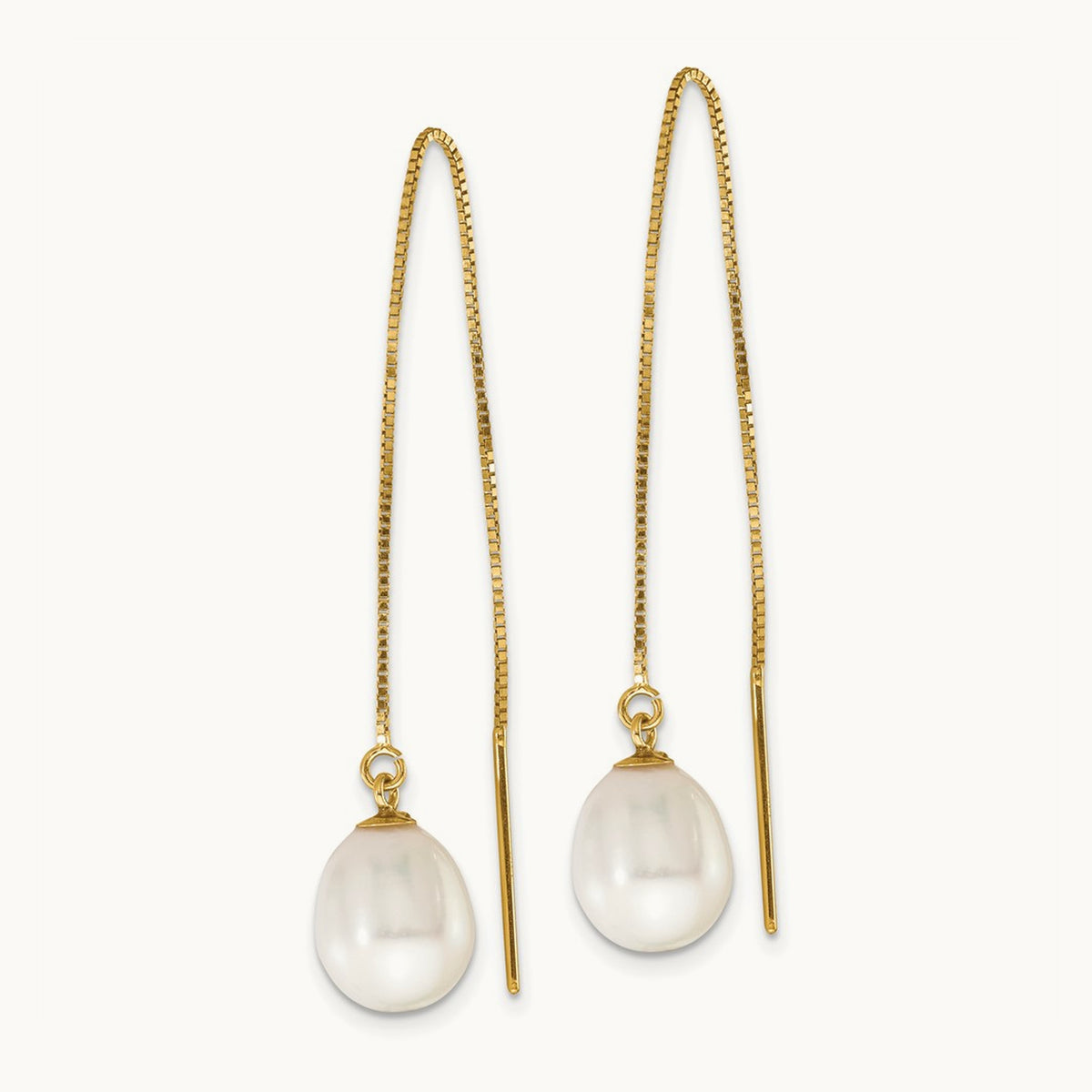 7- White Teardrop FW Cultured Pearl Box Chain Threader Earrings, 8mm, 14K