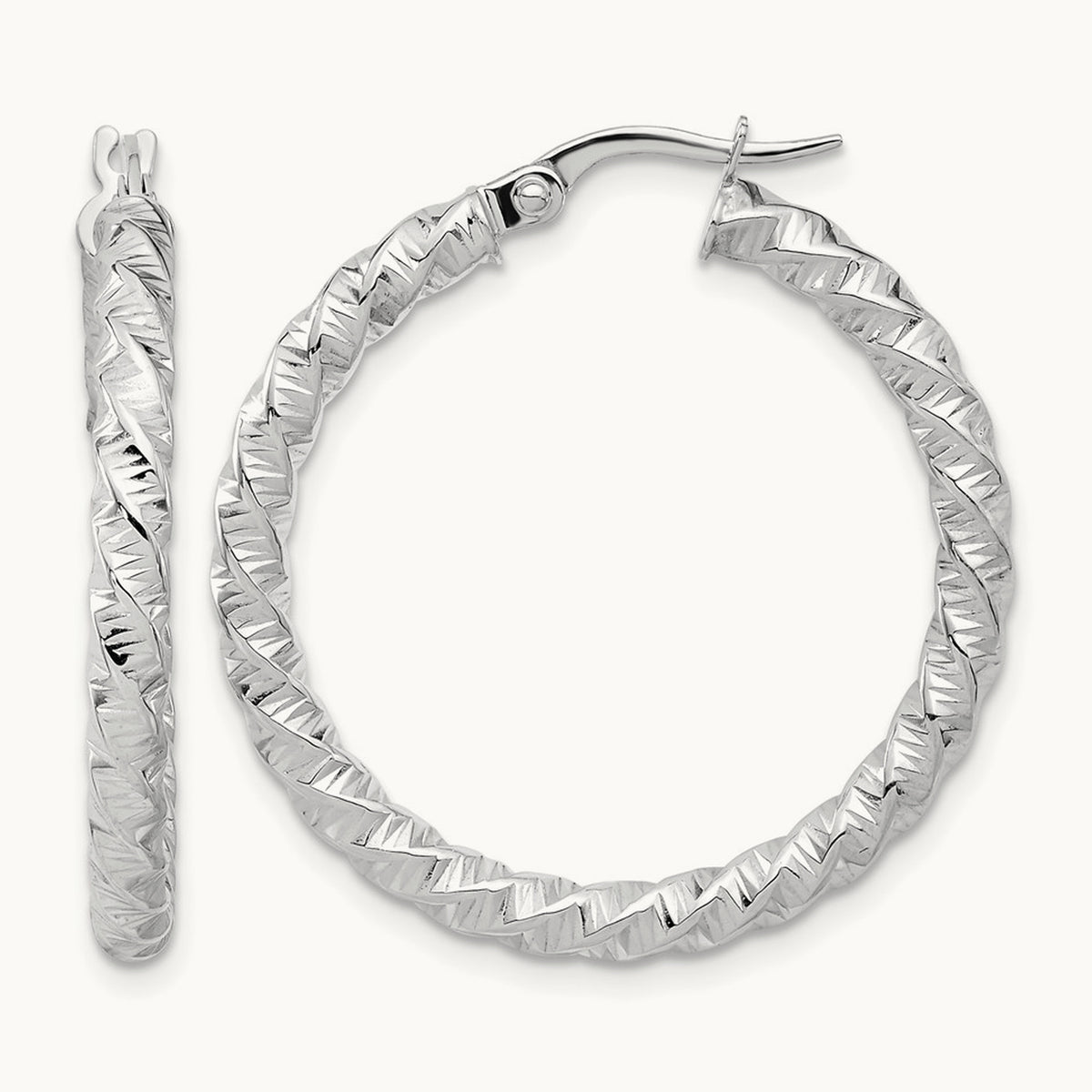 Diamond-Cut Twisted Hoop Earrings — 14K White Gold