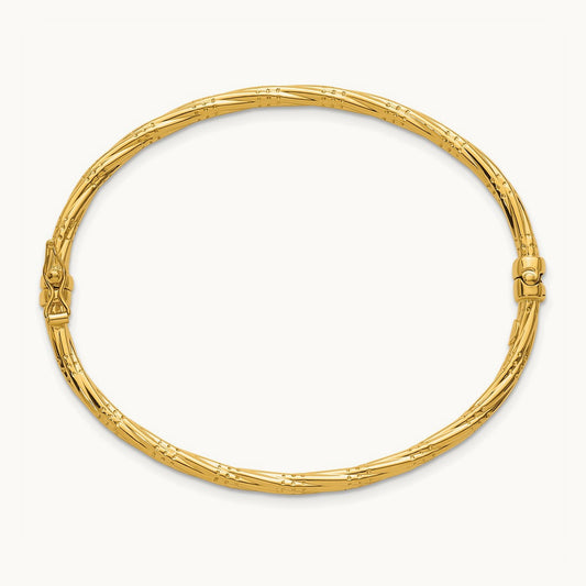 Polished and Textured Twisted Hinged Bangle, 14K