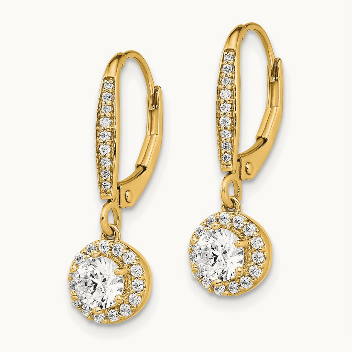 Round Halo Drop Leverback Earrings, 1.00 ct tw Lab-Grown Diamond — 14K Yellow Gold