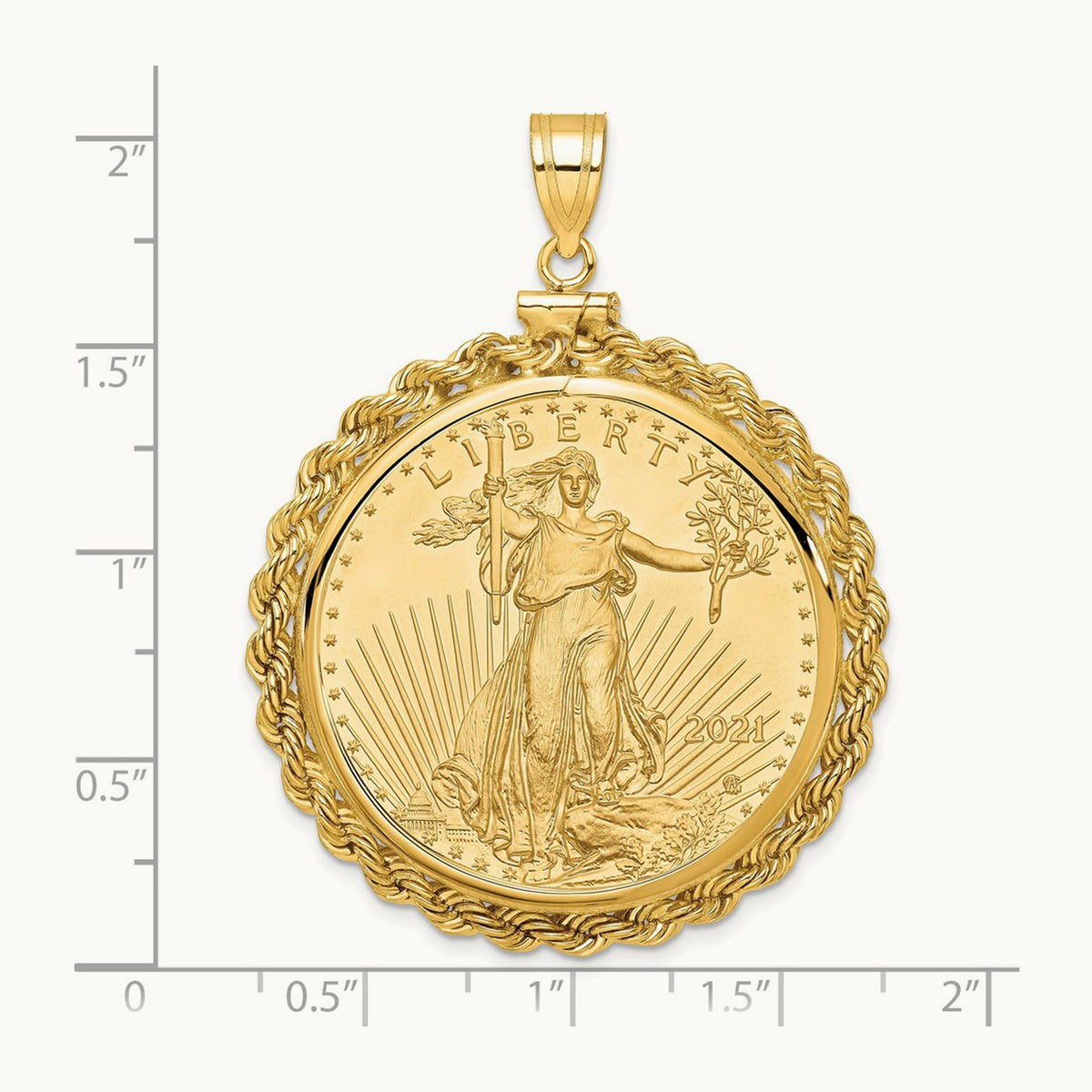 Polished Rope Mounted 1oz AM Eagle Screw Top Coin Bezel Pendant, 14K