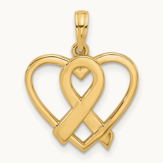 Polished Awareness Ribbon and Heart Charm, 14K