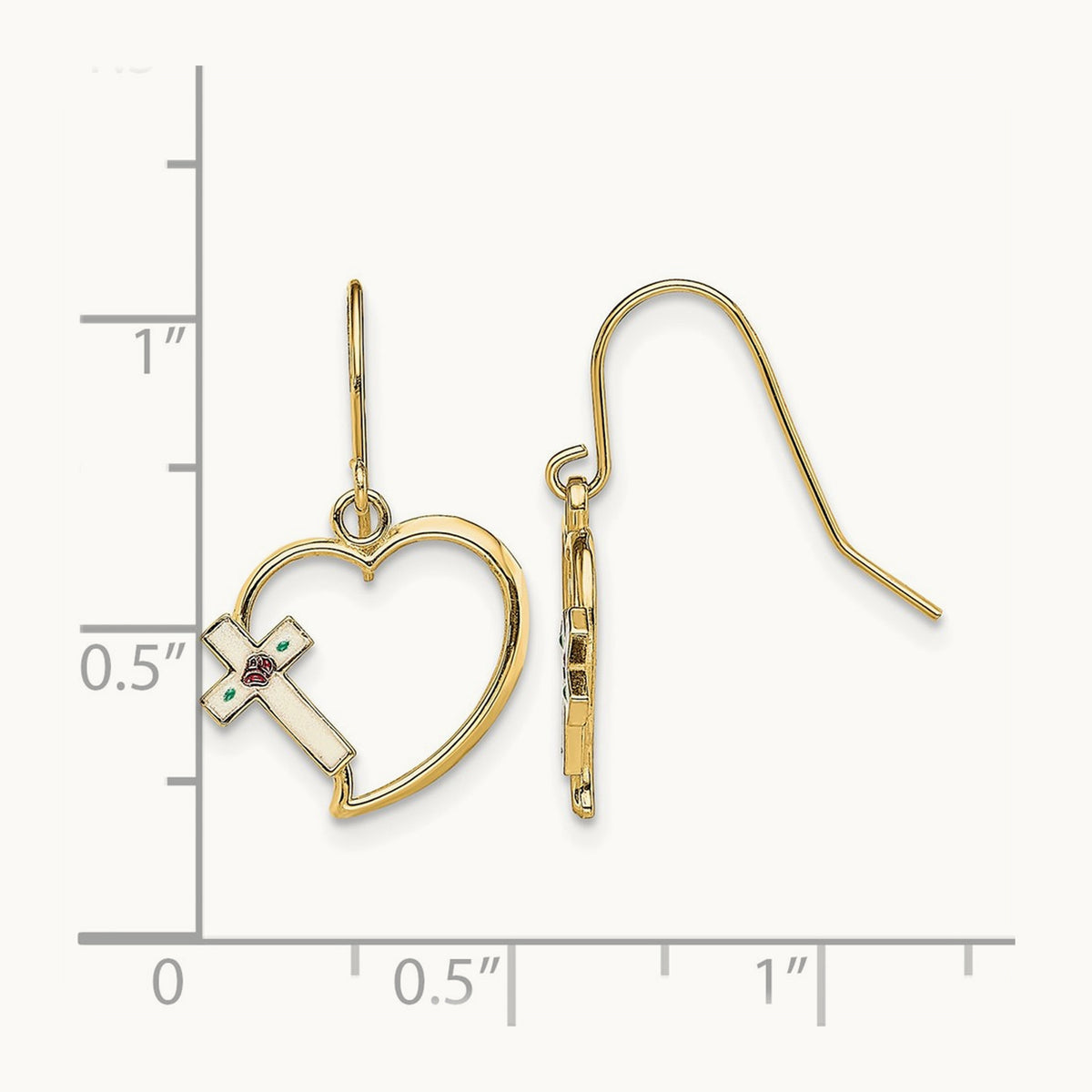 w/ Enamel Cross Heart Dangle Earrings, 14K