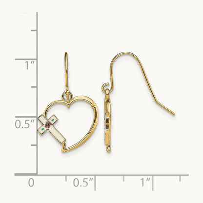 w/ Enamel Cross Heart Dangle Earrings, 14K