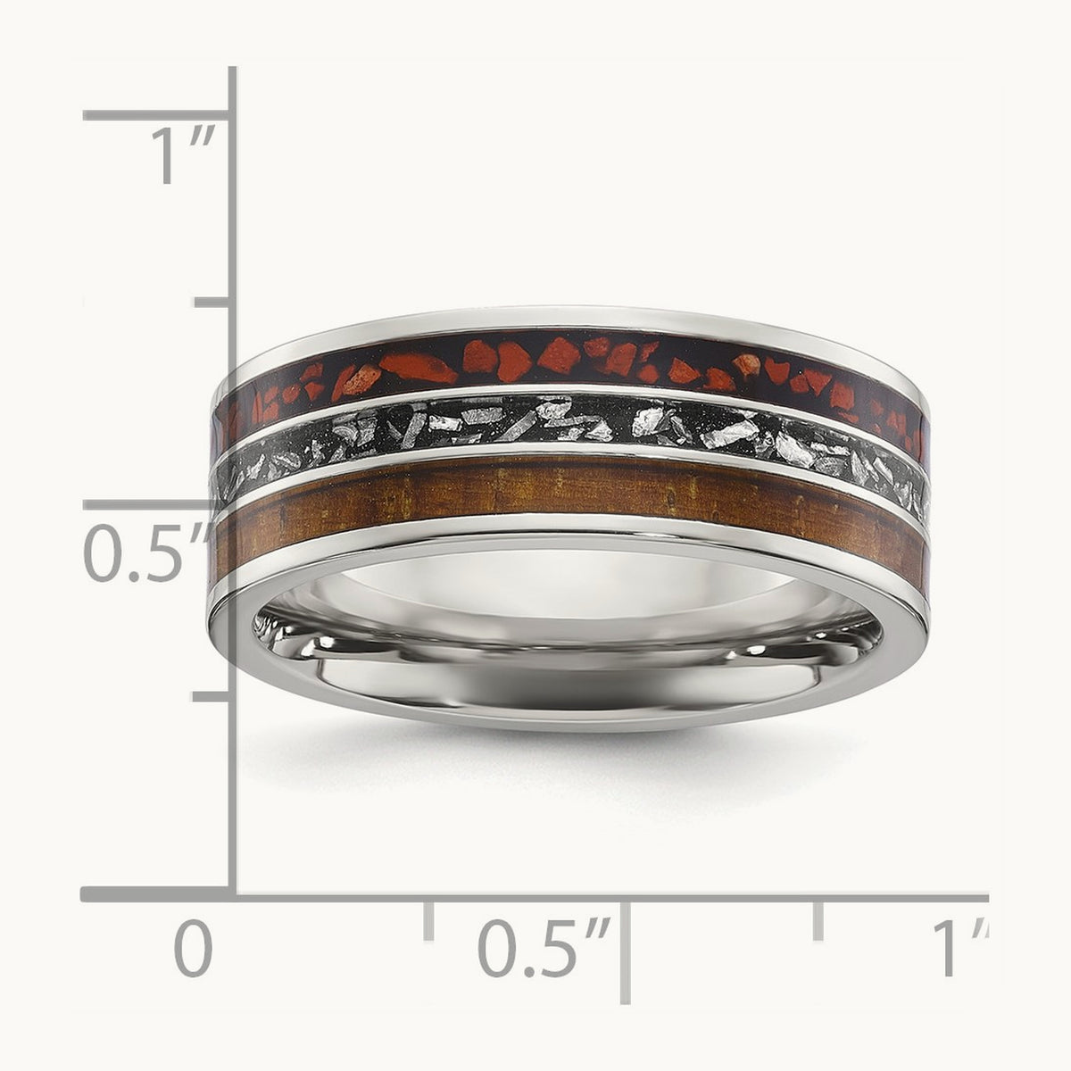 Polished w/Wood/Imt. Meteorite/Redstone Inlay Band, Stainless Steel
