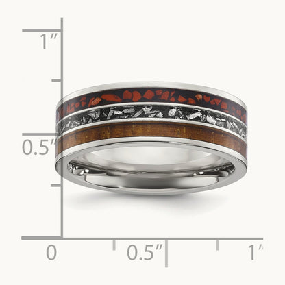 Polished w/Wood/Imt. Meteorite/Redstone Inlay Band, Stainless Steel
