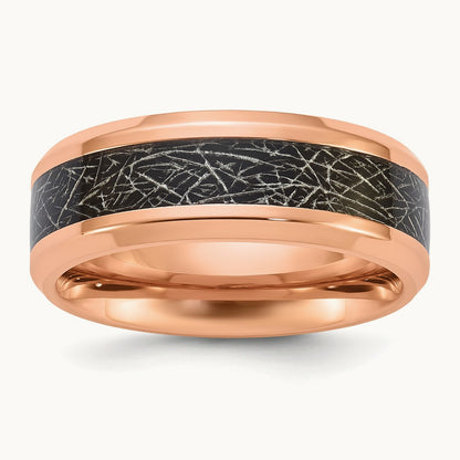 Polished Rose IP Synthetic Leather Inlay in Clear Epoxy Band, 8mm, Titanium