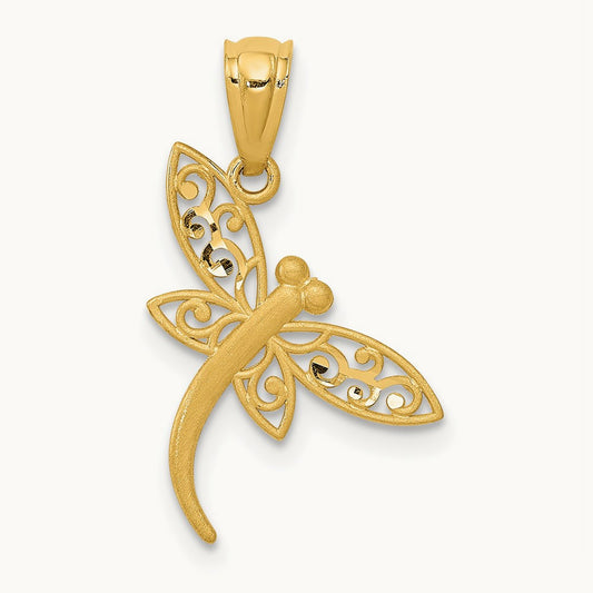 Satin Diamond-cut Dragonfly Pendant, 14K