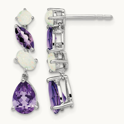 Amethyst and Opal Dangle Earrings, 14K White Gold