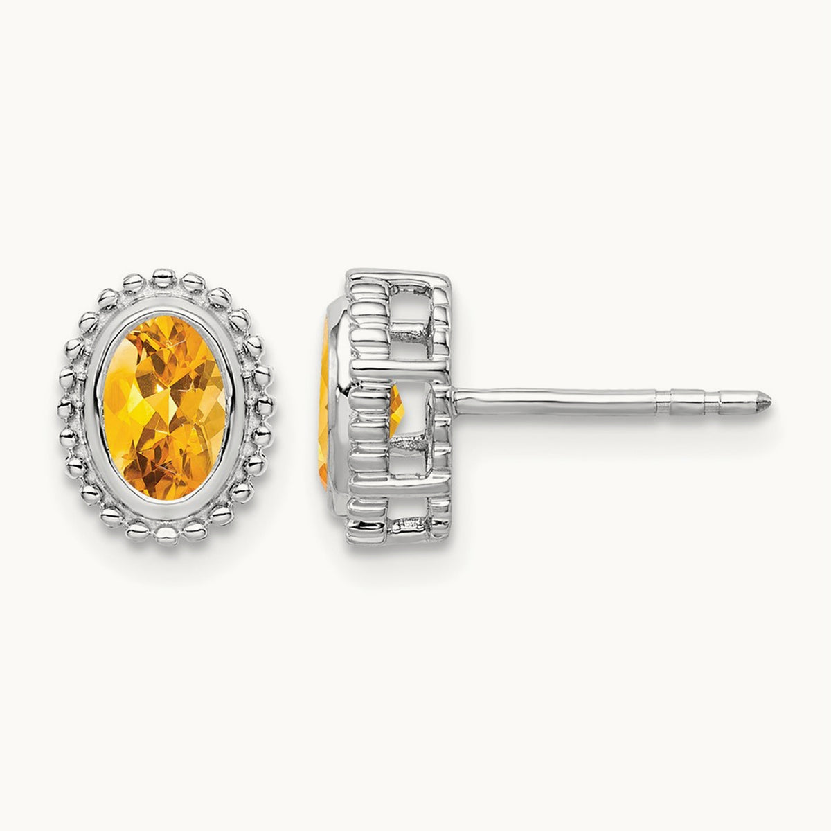Oval Citrine Post Earrings — 14K White Gold
