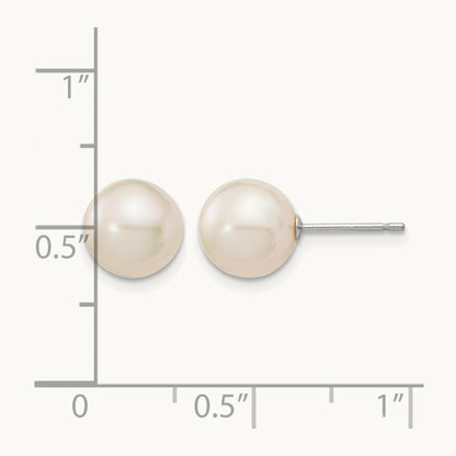 8- White Round FW Cultured Pearl Stud Post Earrings, 9mm, 14K White Gold