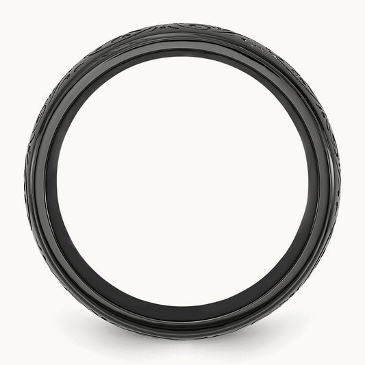 Polished Black IP Etched Design Ridged Edge Band, 7.5mm, Stainless Steel