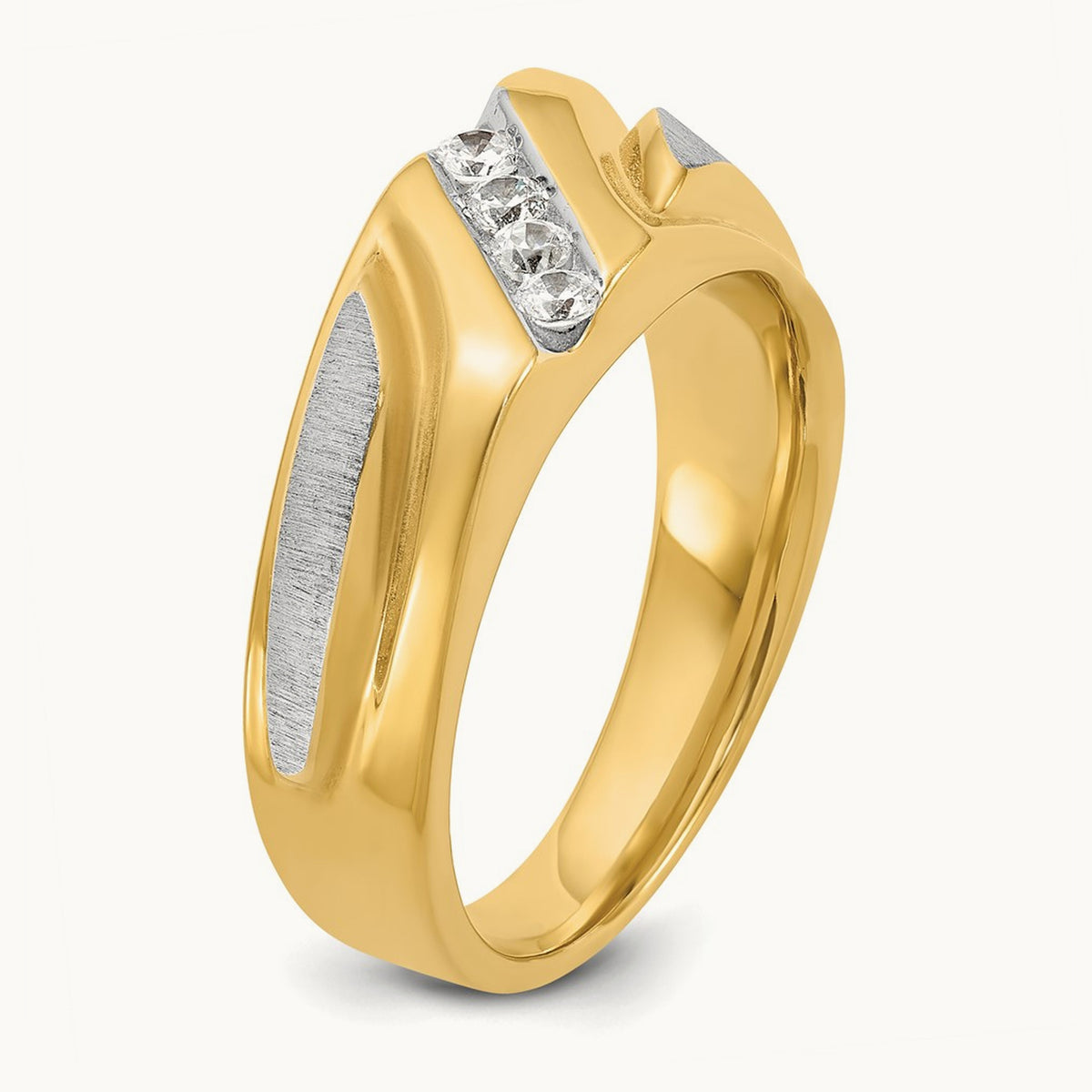 14ktt IBGoodman Men's Polished Satin & Grooved 4-Stone Diamond Ring