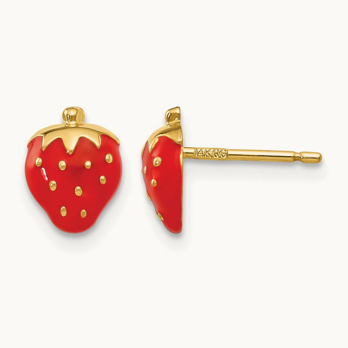 Enameled Strawberry Earrings, 14K