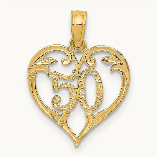 50 in Heart Cut-out Pendant — 14K Yellow Gold