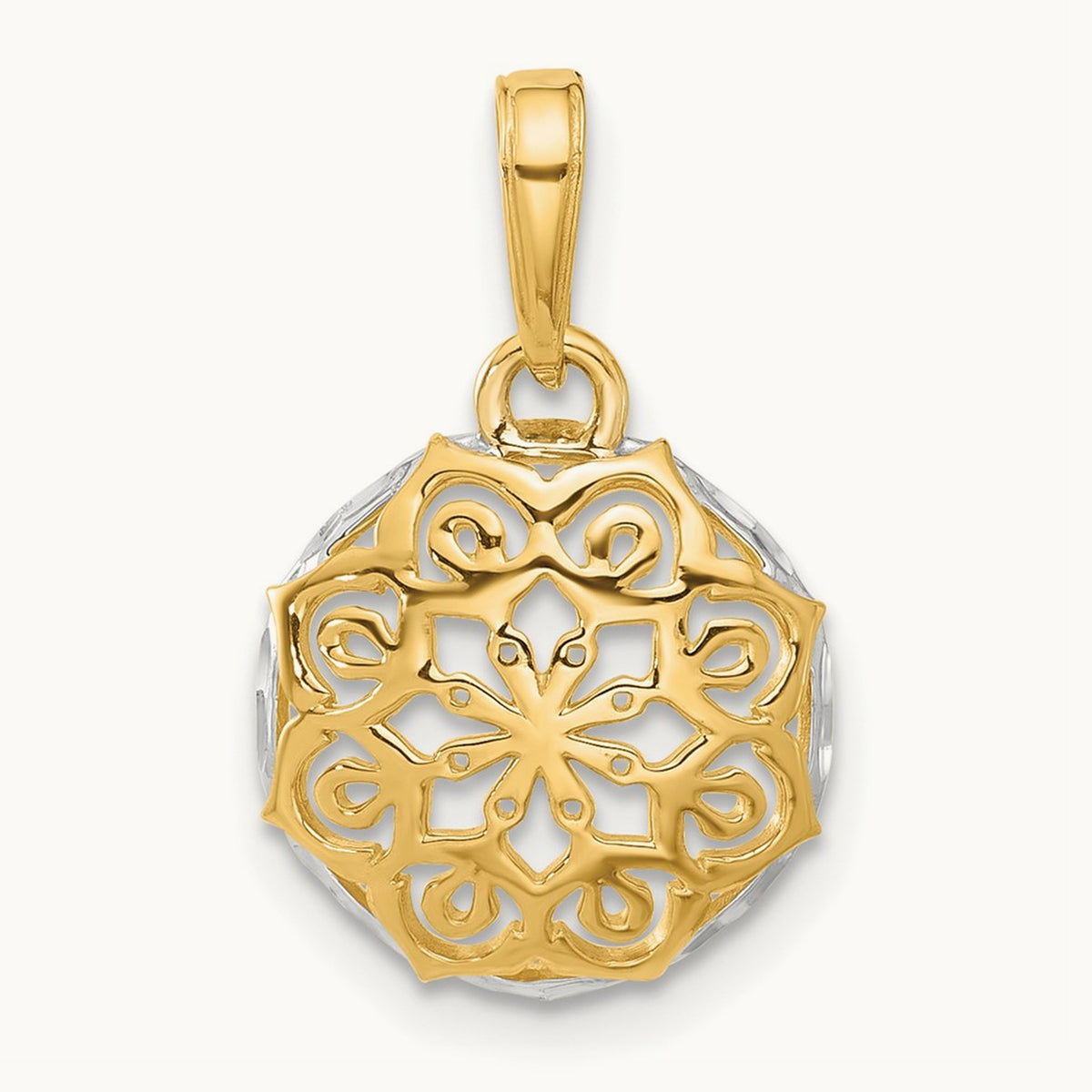 Floral Design Circle Pendant, 14K with White Rhodium